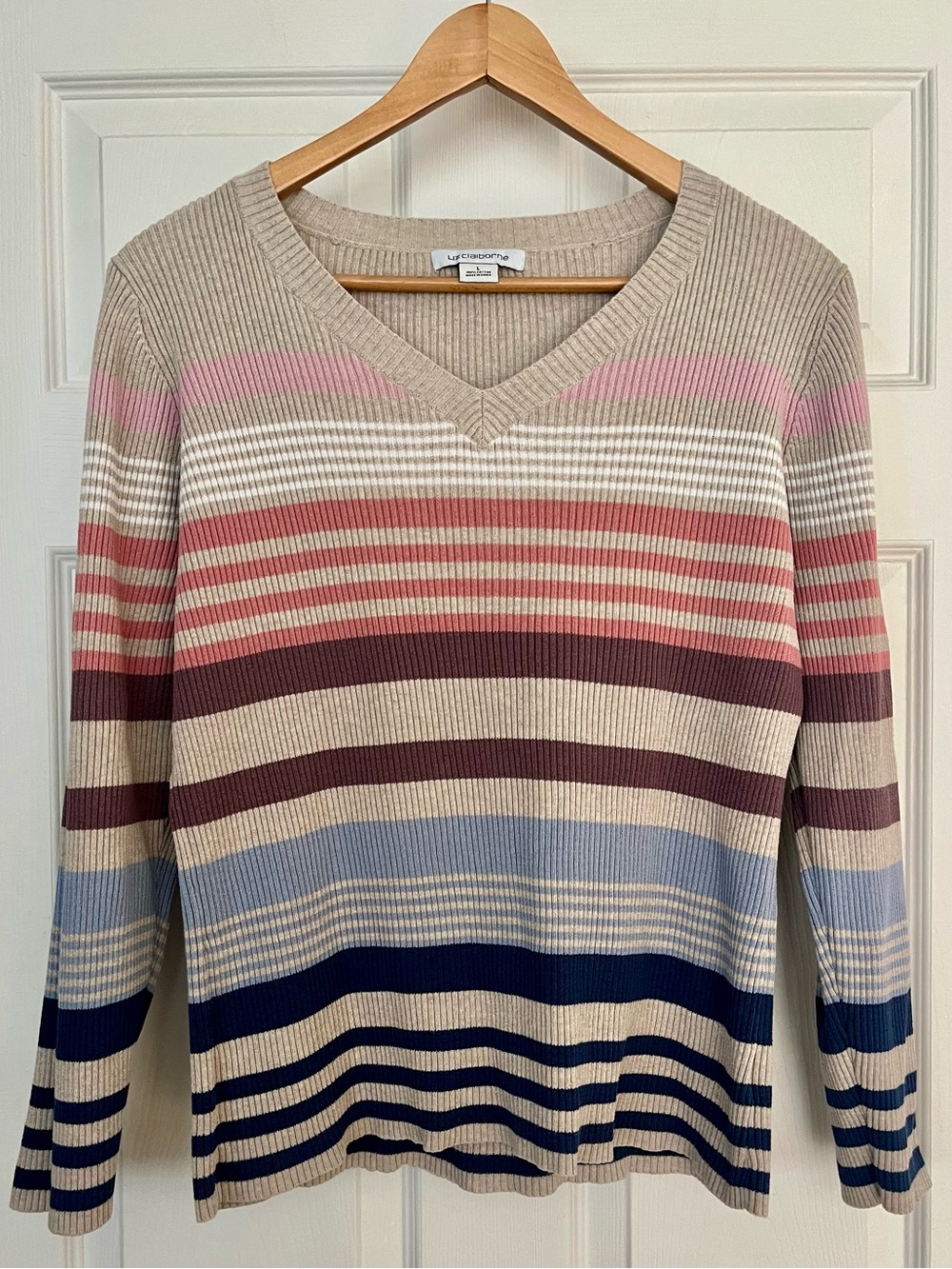 Liz Claiborne Ribbed Striped V-Neck Sweater 90s Preppy Size Large